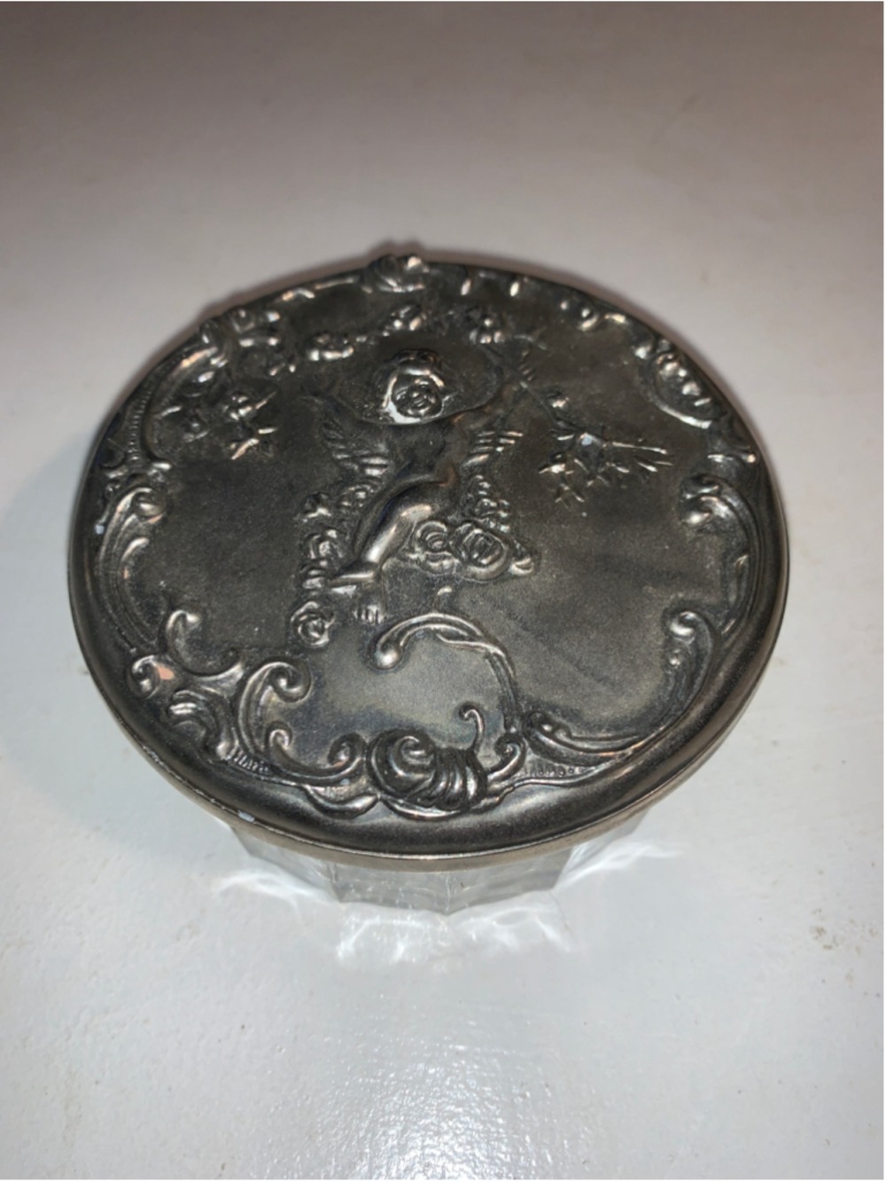 Unbranded Vintage Silver & Glass Cherub Jewelry Trinket Box One Size